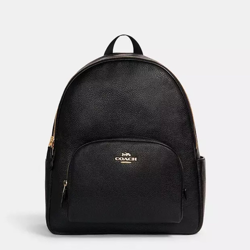 Coach large court backpack. Black pebbled leather with gold accents.